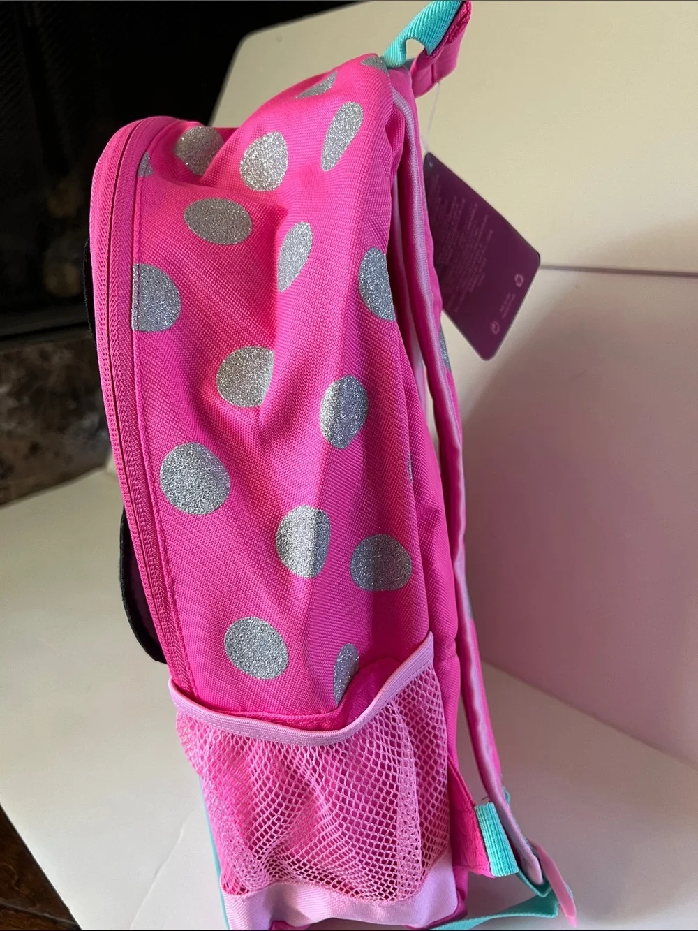 Disney Minnie Mouse Pink and Teal Kids Backpack with Silver Dots